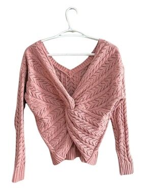 moon & madison Twist Back V-Neck Textured Knit Pink Sweater - Size Small EUC